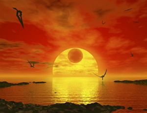 Flying life forms grace the crimson skies of the earth-like
