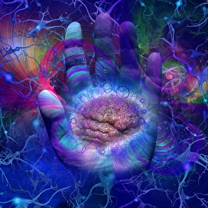 Abstract Space Art Prints: Galactic Mind and Hand of God. 3D rendering
