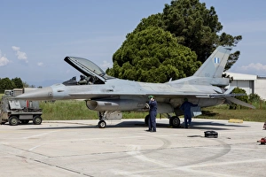 A Hellenic Air Force F-16C Block 52+ is readied for flight at Araxos Air Base, Greece A Hellenic Air Force F-16C Block 52+ is readied for flight at Araxos Air Base, Greece