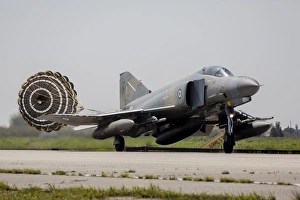 A Hellenic Air Force F-4E Phantom deploys drag chute upon landing A Hellenic Air Force F-4E Phantom deploys drag chute upon landing
