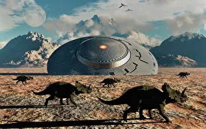 A herd of dinosaurs walk past a flying saucer lodged into the ground A herd of dinosaurs walk past a flying saucer lodged into the ground