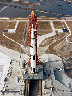 High-angle view of the Apollo 10 space vehicle on its launch pad High-angle view of the Apollo 10 space vehicle on its launch pad