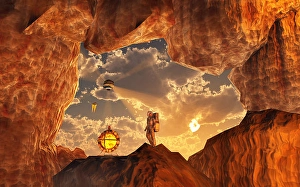 Space Exploration Art Prints: A human astronaut exploring & mining an asteroid