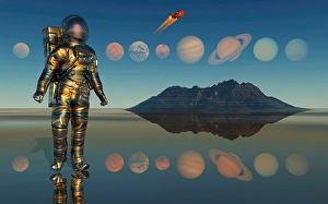 Solar System Exploration Prints: A human astronaut exploring our solar system of planets