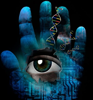 Artificial Intelligence Eyes Prints: Human palm with eye and electronic circuit pattern