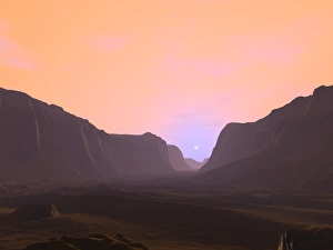 Illustration of a martian sunrise from within a deep canyon Illustration of a martian sunrise from within a deep canyon