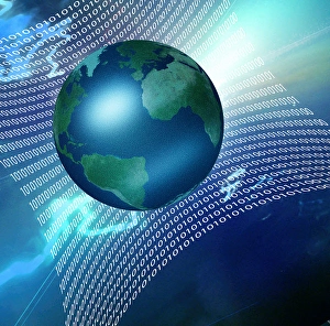 Global Network Connection Prints: Internet represented by web of binary