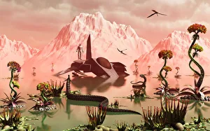 A lone Star Fighter pilot looks around the alien landscape after a crash landing A lone Star Fighter pilot looks around the alien landscape after a crash landing