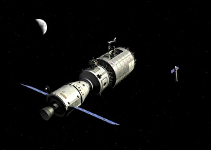 A manned orbital maintenance platform approaches the Chandra X-ray Observatory A manned orbital maintenance platform approaches the Chandra X-ray Observatory
