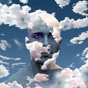 Brainstorming Ideas Prints: Mans head in clouds