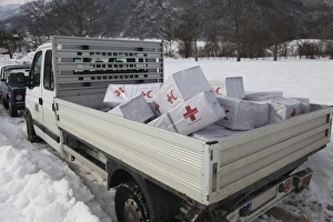 Medical supplies from the Montenegrin Red Cross sit piled in a truck Medical supplies from the Montenegrin Red Cross sit piled in a truck