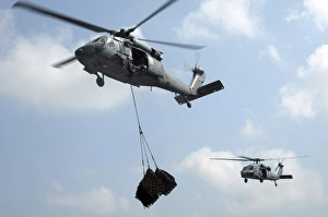 Two MH-60S Sea Hawk helicopters transfer cargo during a vertical replenishment Two MH-60S Sea Hawk helicopters transfer cargo during a vertical replenishment