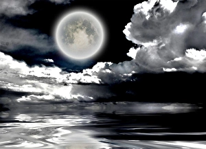 Space Art Illustration Prints: Full moon. Dramatic clouds reflected in calm wat