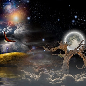 Full Moon Landscape Prints: Full moon and old tree in clouds