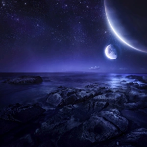 Nearby planets hover over the ocean on this world at night Nearby planets hover over the ocean on this world at night