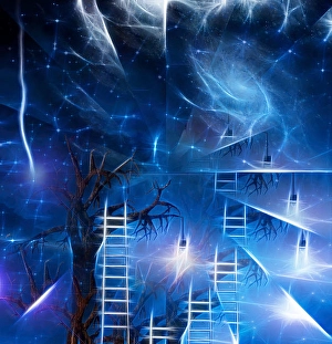 Starry Night Sky Image Prints: Old tree with ladders and light bulbs