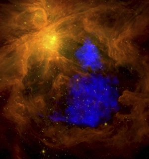 The Orion nebula in the infrared overlaid with XMM-Newton X-ray data in blue The Orion nebula in the infrared overlaid with XMM-Newton X-ray data in blue