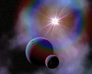 Futuristic Space Art Prints: Binary worlds orbiting each other