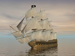 Pirate ship with black Jolly Roger flag sailing the ocean Pirate ship with black Jolly Roger flag sailing the ocean