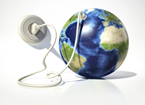 Environmental Conservation Concept Prints: Planet Earth with electric cable, plug and socket