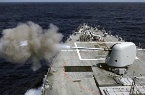 Pre-Action Calibration fire from the forward 5 Mk 54 gun aboard USS Donald Cook Pre-Action Calibration fire from the forward 5 Mk 54 gun aboard USS Donald Cook