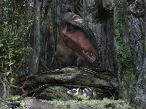 A rat-sized Purgatorius hides from a Bistahieversor dinosaur in a cretaceous forest A rat-sized Purgatorius hides from a Bistahieversor dinosaur in a cretaceous forest