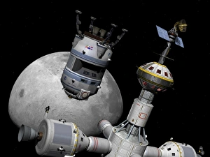 A reusable lunar shuttle prepares to dock with a lunar cycler A reusable lunar shuttle prepares to dock with a lunar cycler