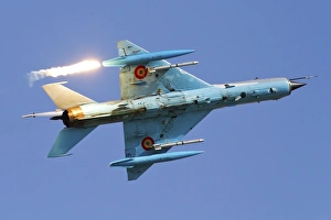 Romanian Air Force MiG-21 MF LanceR popping flares Romanian Air Force MiG-21 MF LanceR popping flares