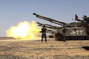 A Royal Jordanian Land Force Challenger 1 tank fires on a target A Royal Jordanian Land Force Challenger 1 tank fires on a target