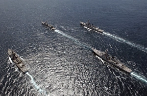 Ships assemble in formation off the coast of San Diego, California Ships assemble in formation off the coast of San Diego, California