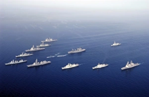 Ships and Rigid Hull Inflatable Boats assemble in formation Ships and Rigid Hull Inflatable Boats assemble in formation
