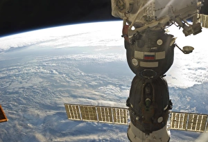 A Soyuz spacecraft docked to the International Space Station A Soyuz spacecraft docked to the International Space Station