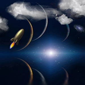 Planetary System Illustration Prints: Space landscape. Planets and retro style rocket