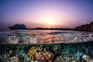 Tropical Ocean Scenery Prints: A split shot featuring a liveaboard in the Red Sea
