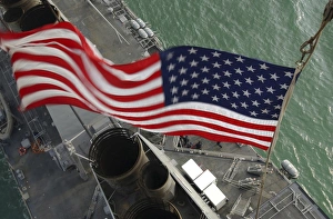 Stars & Stripes flying boldly as seen from the crows nest aboard USS Donald Cook Stars & Stripes flying boldly as seen from the crows nest aboard USS Donald Cook
