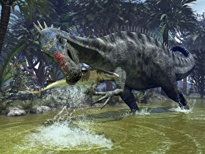 A Suchomimus snags a shark from a lush estuary A Suchomimus snags a shark from a lush estuary