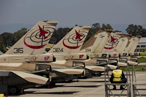 Tail fins of Israeli Air Force F-16`s in Andravida, Greece Tail fins of Israeli Air Force F-16`s in Andravida, Greece