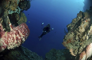 Underwater photographer at the entrance of a cave, North Sulawesi Underwater photographer at the entrance of a cave, North Sulawesi