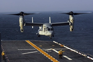 A V-22 Osprey aircraft prepares to land aboard the USS Bataan in the Atlantic Ocean A V-22 Osprey aircraft prepares to land aboard the USS Bataan in the Atlantic Ocean