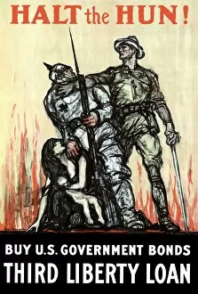 World War Propaganda Poster Art Collection: Vintage World War I poster of an American soldier protecting a woman and child