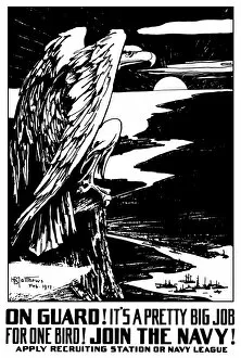 World War Propaganda Poster Art Collection: Vintage World War I poster of a bald eagle overlooking battle ships