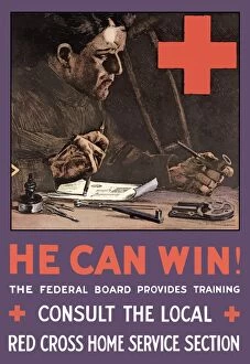 World War Propaganda Poster Art Collection: Vintage World War I poster of an injured soldier working at a desk and smoking a pipe