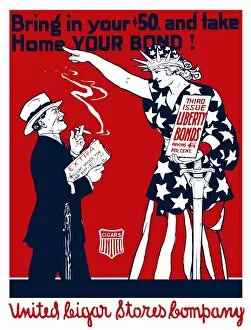 World War Propaganda Poster Art Collection: Vintage World War I poster of a man smoking a cigar as Lady Liberty points at him