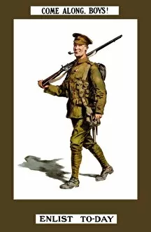 World War Propaganda Poster Art Collection: Vintage World War I poster of a smiling British soldier marching along with his rifle