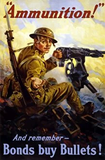 World War Propaganda Poster Art Collection: Vintage World War I poster of a U. S. soldier firing a machine gun on a battlefield