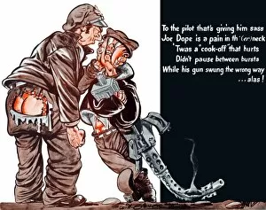 World War Propaganda Poster Art Collection: Vintage World War II poster of a cartoon pilot choking a gunner holding a machine gun
