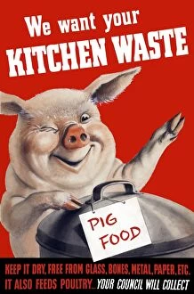 World War Propaganda Poster Art Collection: Vintage World War II poster featuring a pig standing with a garbage can