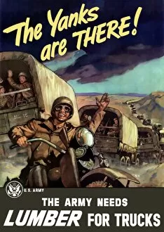 World War Propaganda Poster Art Collection: Vintage World War II poster of military transport trucks filled with troops