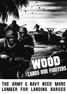 World War Propaganda Poster Art Collection: Vintage World War II poster showing combat troops assault on a beach