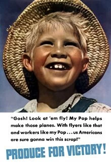 World War Propaganda Poster Art Collection: Vintage World War II poster of a smiling little boy in a straw hat
